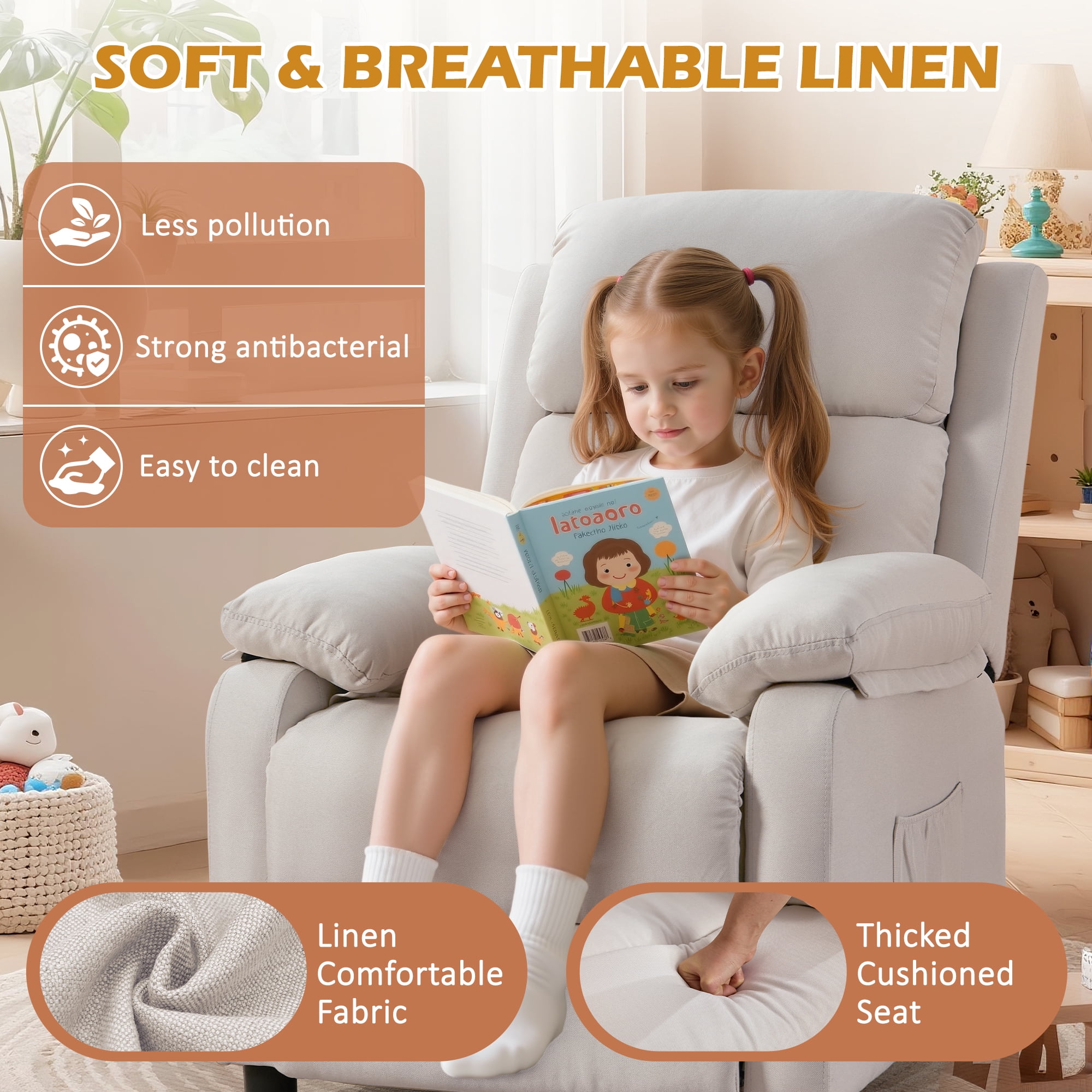 Korser Manual Push Back Recliner Chair with Side Pockets,Recliner Chairs for Adults for Living Room,Small Recliners for Small Spaces,Linen,Beige