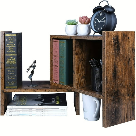 Desk Organizer Desktop Shelf Adjustable Countertop Bookshelf Small Table Shelves Book Organizer Office Organization For Desk, Brown