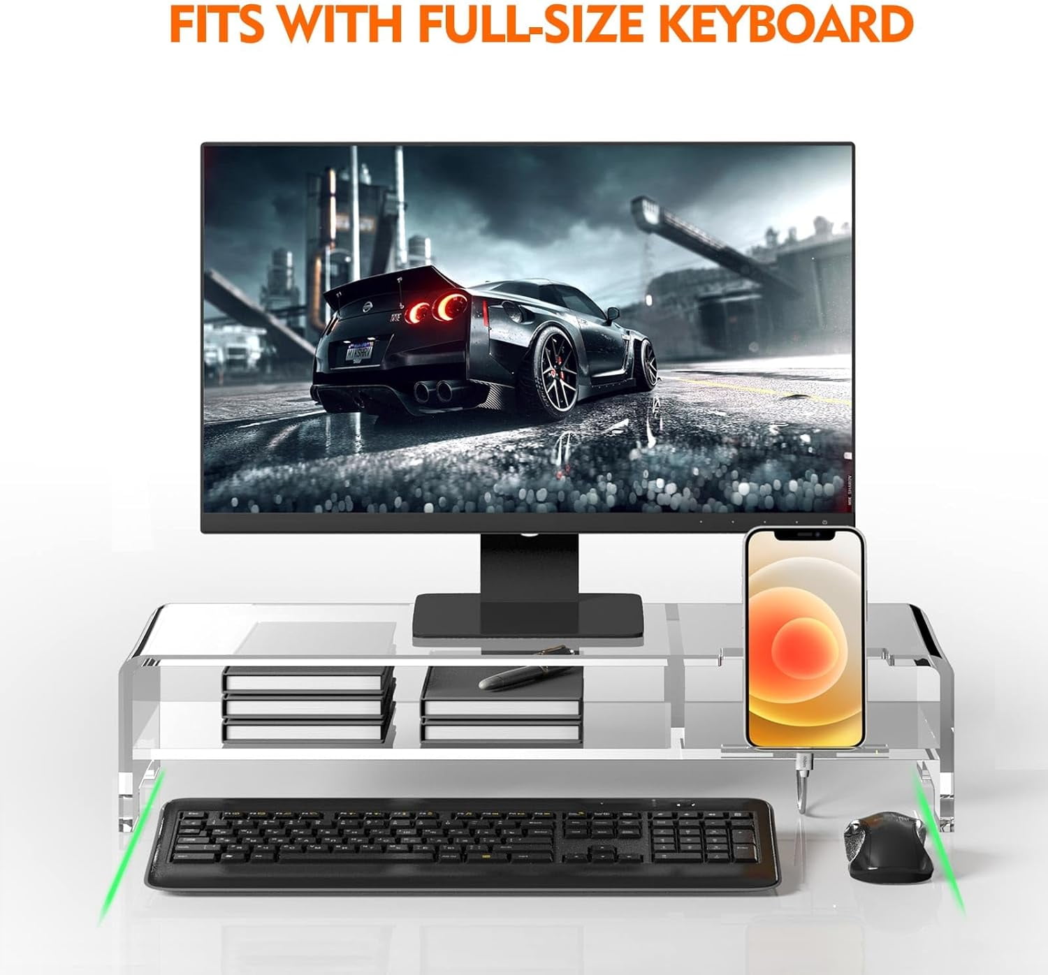 Acrylic Monitor Stand for Full Keyboard, 20" Wide 2-Tier Riser with Storage Shelf and Phone Holder, Desktop Organizer for Laptop, Printer, Screen (Clear)