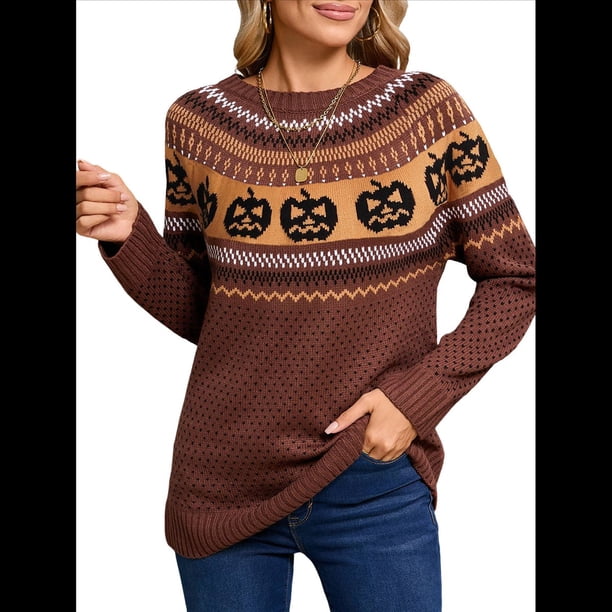 Suéteres de Mujer de Larga con Cuello Redondo, Bonitos y Casuales de Punto. Marrón L