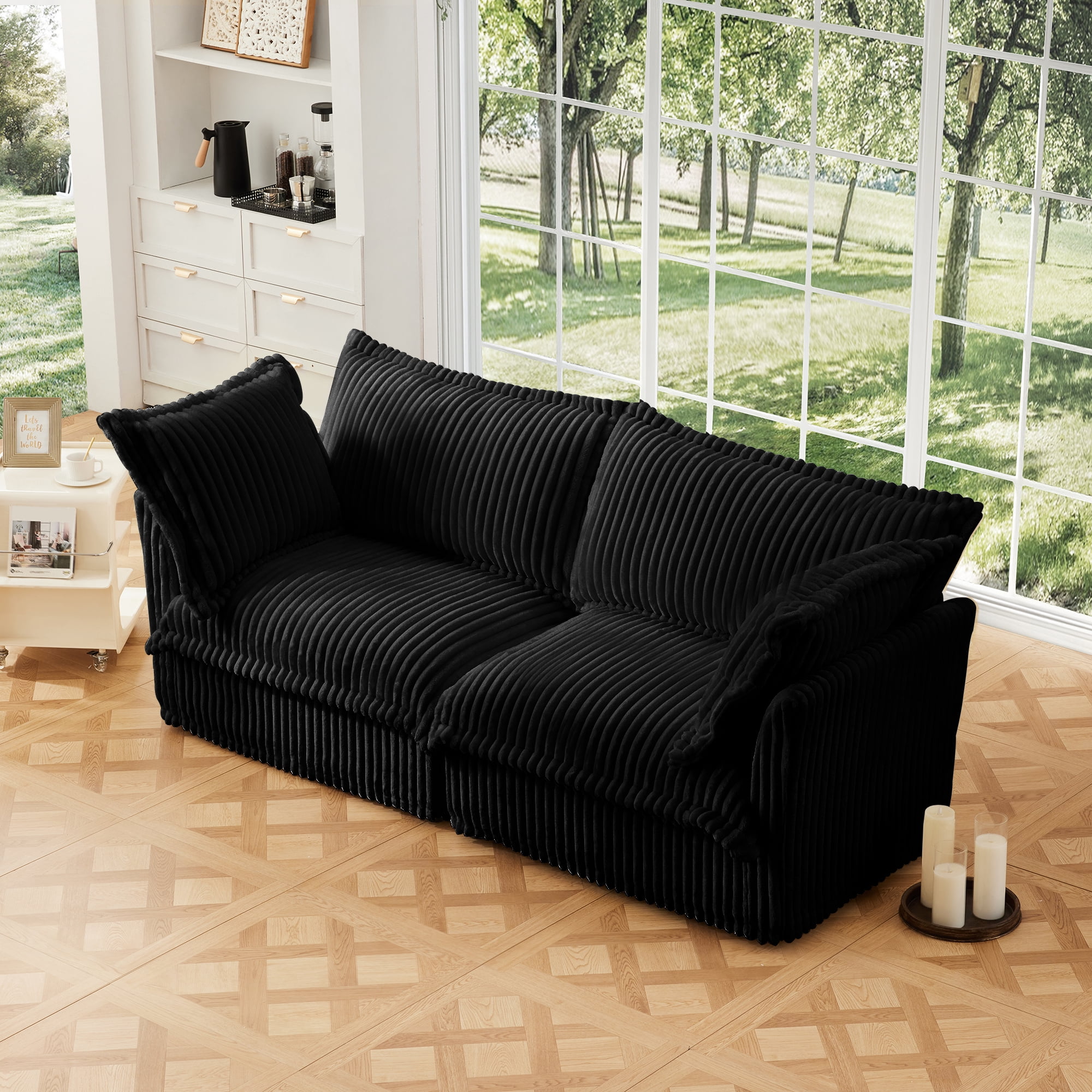 Modern Cream Corduroy Loveseat Sofa, Comfortable Cushion with Removable Cover for Living Room/Apt,Black