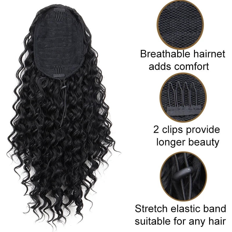 18Inch Long Water Wave Ponytail Extension Curly Drawstring Pony Tail Clip in Synthetic Hair Piece for Women