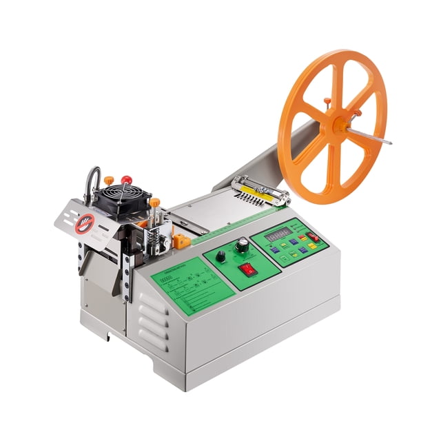 VEVOR Machine Automatique de Coupe de Sangles avec modes de Coupe de Rubans Chauds et Froids, Températures Réglables et Panneau de Commande Convivial. Comprend une Roue d'Alimentation orange, une Lame en Acier Haute Vitesse SKD2 et un Écran LCD pour la Coupe Précise des Sangles en nylon, Rubans et Rubans à Glissière. Idéale pour les applications d'Outils de Coupe, Elle Offre un Fonctionnement Automatisé, des Caractéristiques de Sécurité comme une Alarme Automatique et un Ventilateur de Refroidissement.