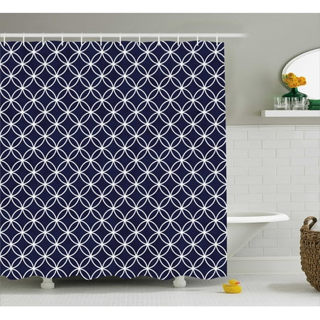 - Indigo Shower Curtain, Trellis Inspired Pattern Quatrefoil Circles Moroccan Style Tile Theme Image, Fabric Bathroom Set with Hooks, Indigo and White, by Ambesonne
