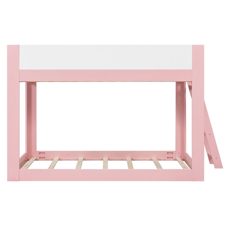 Full-Over-Full Low-Profile Bunk Bed with Guardrails, Wooden Kids Bed with Reversible Ladder, Accent Two-Tone Bed Frame