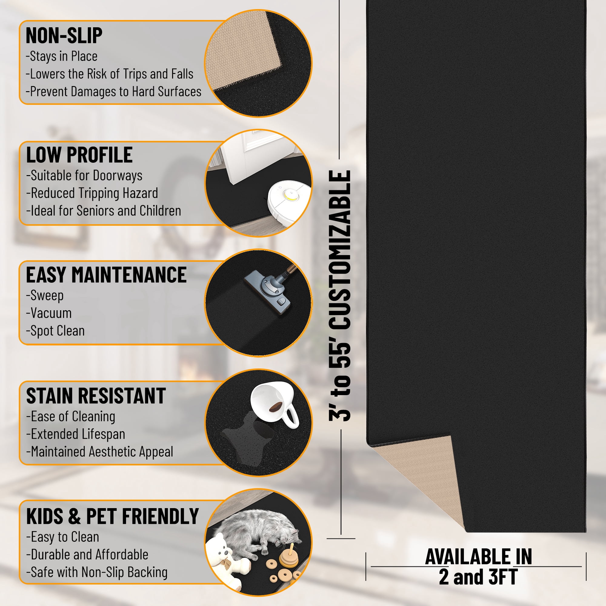 Ottomanson Indoor Door Mat Non-Slip Low Pile Stain Resistant Rug, Solid Black, 1'10.5" x 4'