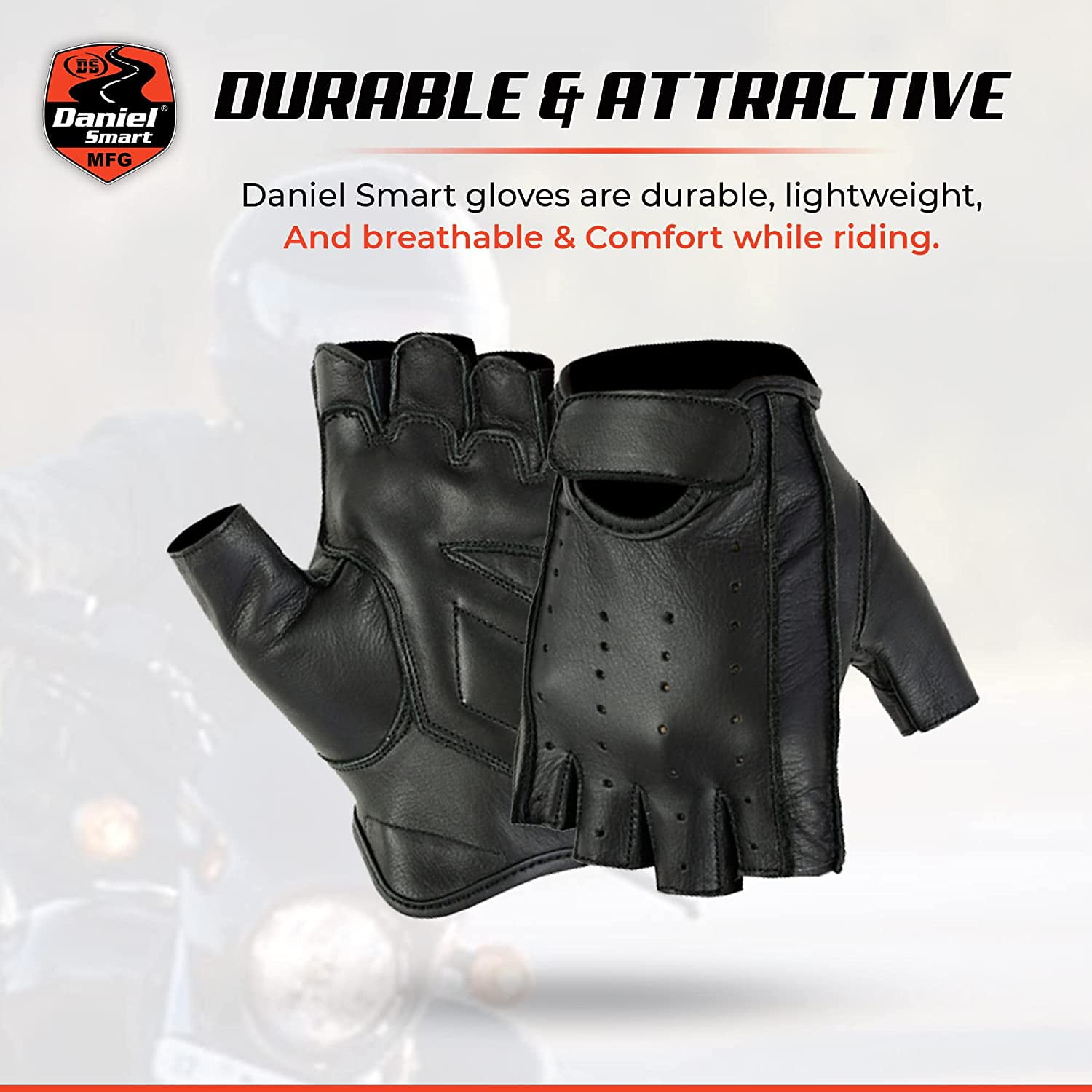 Daniel Smart Men’s Leather Gloves – Naked Cow Leather - Fingerless Motorcycle Gloves with Perforated action and Leather Palm