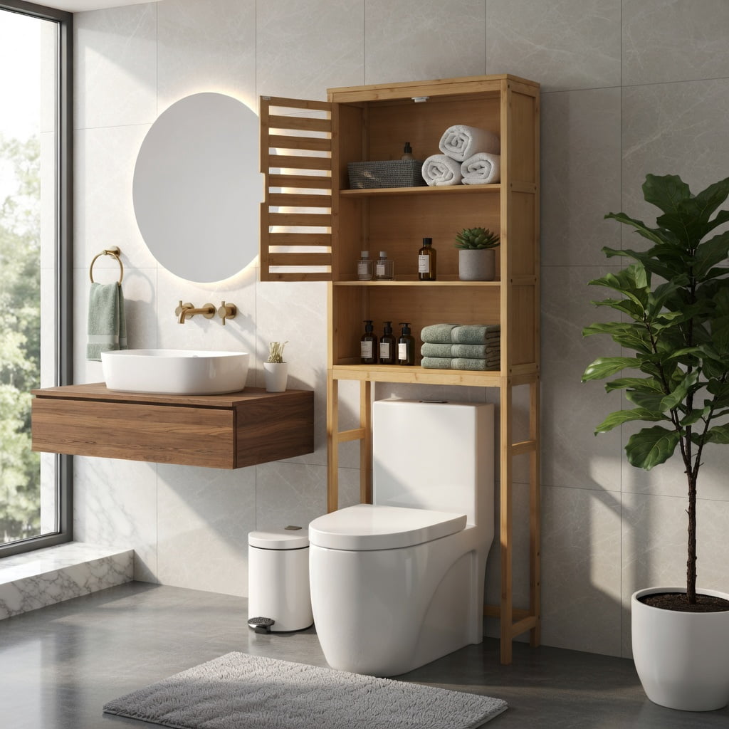 Hommoo Bamboo Over-the-Toilet Storage Cabinet with Adjustable Shelf, Ventilated Louvered Doors & Wall-Stabilizing Anti-Tip Kit Bathroom Organizer, Natural