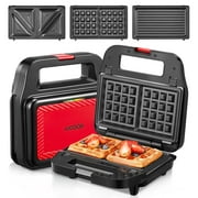 DICEK Sandwich Maker, 750W Waffle Maker Portable, 3 In 1 Detachable Panini Press Grill, Anti-Skid feet, Black-Red
