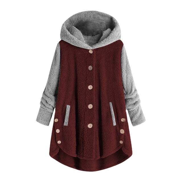 HKEJIAOI Winter Clearance S-A3 Women's Winter Plush Solid Color Hooded Button Round Neck Coat