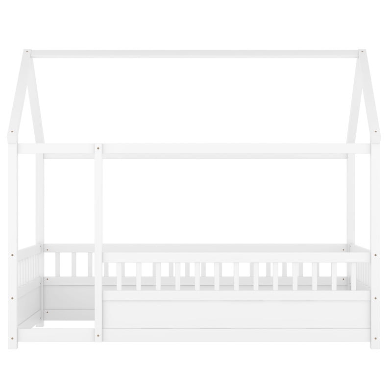 Bellemave Twin Size Montessori Bed, Wood Twin House Beds with Fence, Floor Bed with Roof for Bedroom Playroom（White）