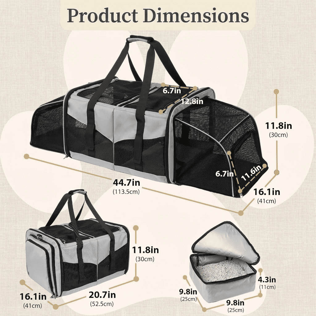 Mashelly Cat Carrying Case,  Protable and Breathable Pet Travel Carrier, Double Compartment Cat & Dog Carrier for 2 Cats, Expandable Double Soft Sided Carrier with 2 Litter Boxes