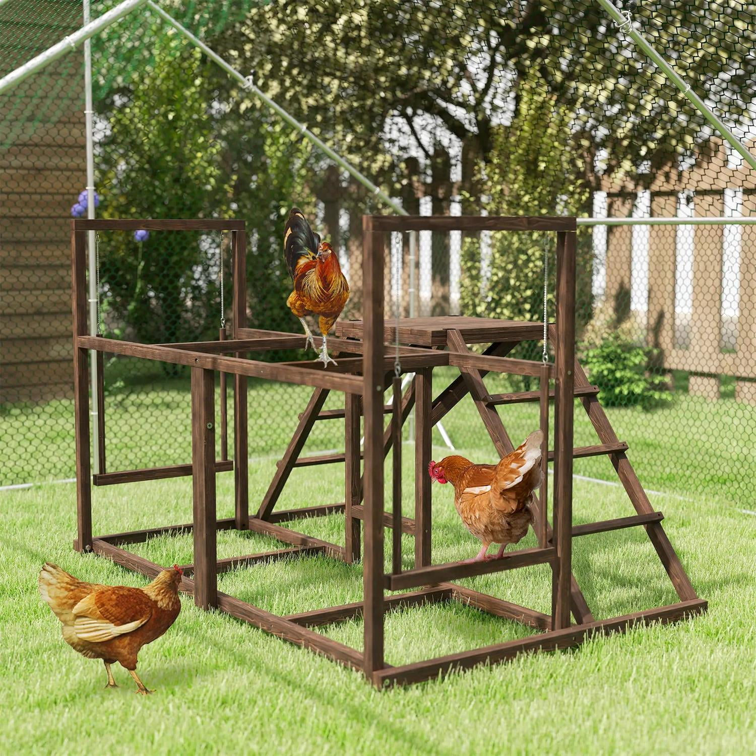 Pefilos 60" Wooden Chicken Activity Play Set for 3-4 Chicken, Outdoor Hen House Accessory with Perch, Swing, Ladder, Platforms, Feeder Storage, for Garden, Brown