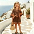 thumbnail image 2 of WERYOUNG Girls Bohemian Summer Outfits V Neck Half Sleeve Striped Tops Elastic Waist Shorts With Striped Headband Kids Beach Vacation Sets Versatile Clothing Sets 3-4 Years, 2 of 5