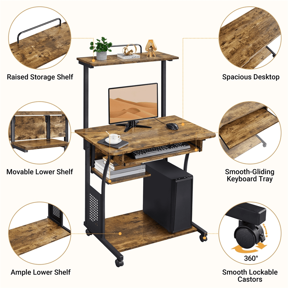 Topeakmart 2-Tier Rolling Computer Desk with Keyboard Tray, Rustic Brown