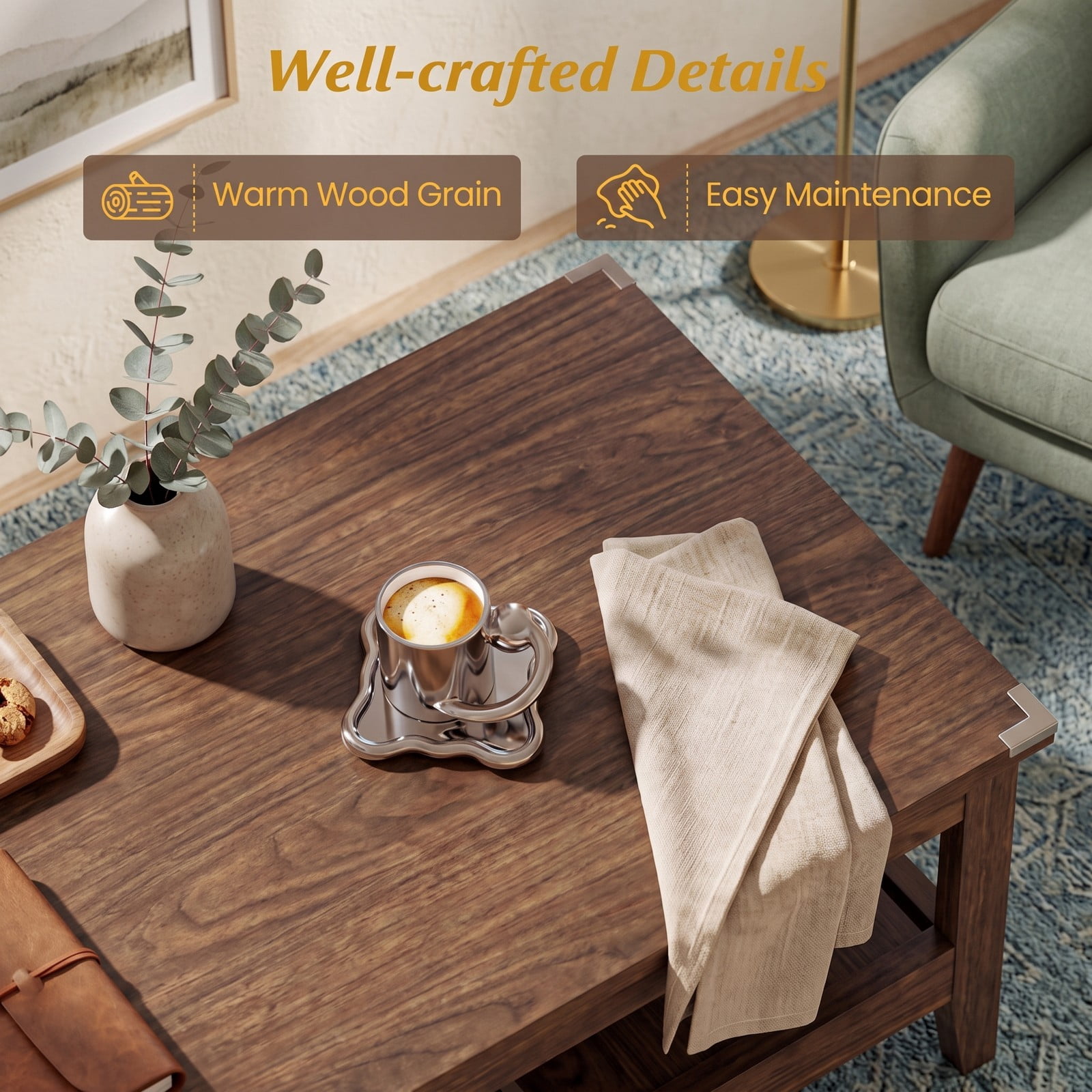 Furnibear Farmhouse Coffee Table, 2-Tier Rustic Cocktail Center Table with Thickened Tabletop and Open Storage Shelf for Living Room, Engineered Wood Rectangle, Walnut