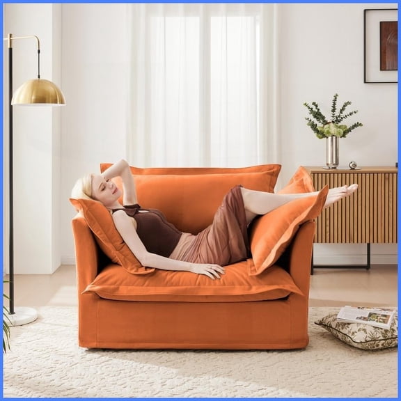 Modern Chenille Single Armchair with Removable Covers - Orange Accent Chair for Living Room/Bedroom, Comfy Deep Seat with Pillows