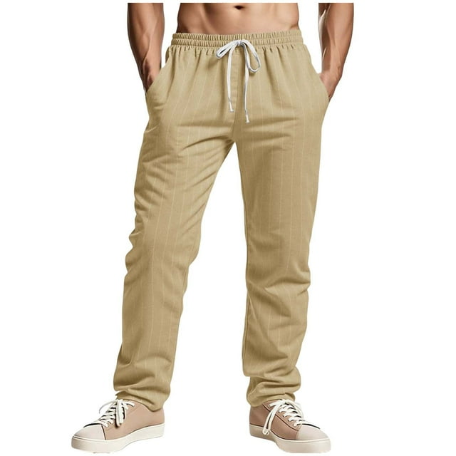 aidice Men Cotton Linen Pants Striped Casual Loose Drawstring Elastic Waist Lounge Trousers with Pockets