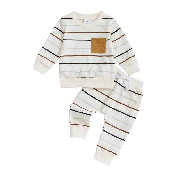 Soepste Outfits For Boys Toddler Multi Color Stripe Crew Neck Top Solid Cuff Pants Soft Knit Casual Daily Play Clothes(White,12-18 Months)