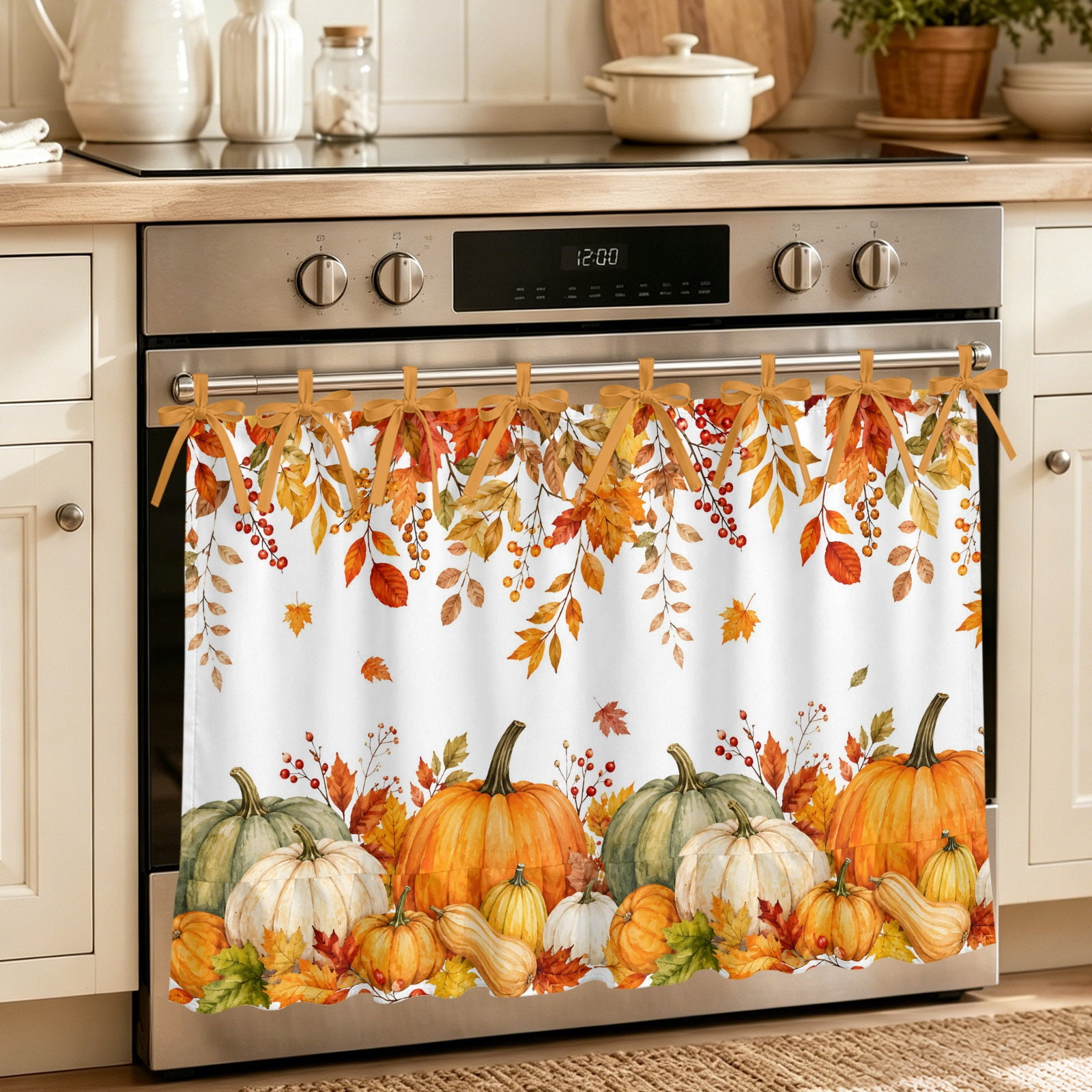 Oven Skirt Curtain for Kitchen 21.5x30 Inch Thanksgiving Oven Curtain with 8 Ribbon Ties & Ruffle Trim Stove Skirt Curtain Dishwasher for Cabinets Sinks Fall Orange Green Pumpkin Berry Maple Leaves