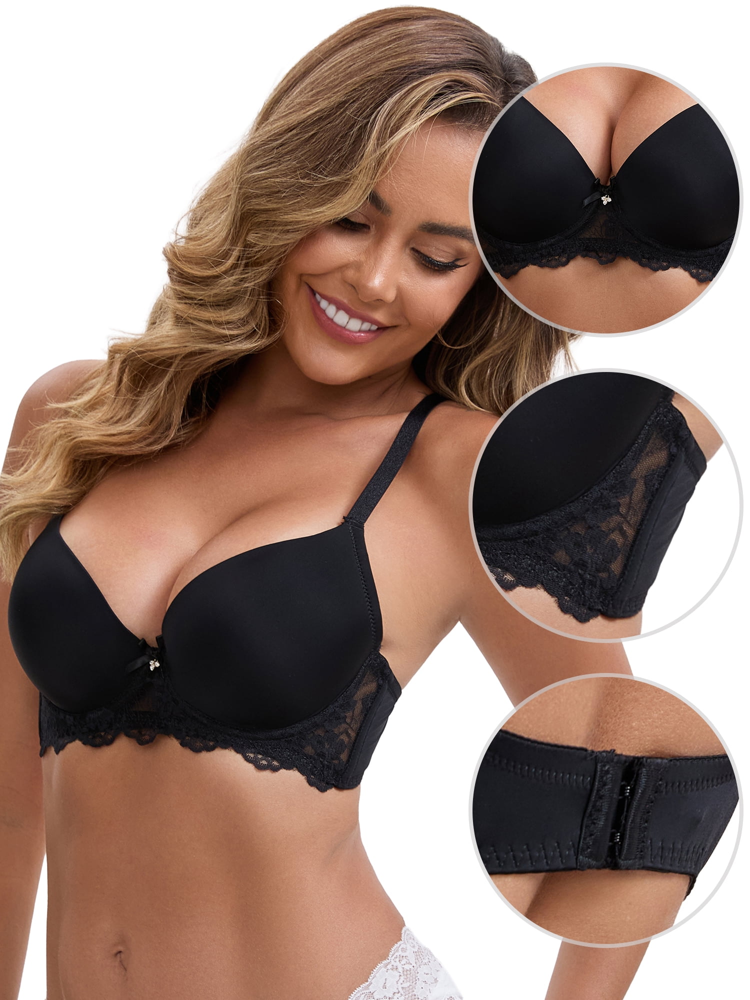 DARING DIVA Lace Plunge Push Up Underwired Bra Adjustable Straps 40C Black