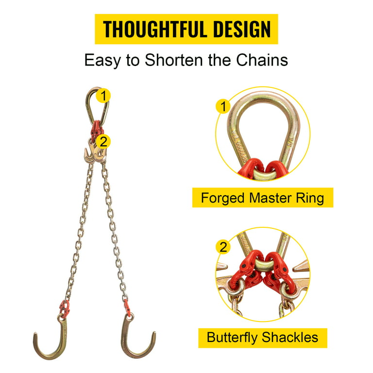 VEVOR Tow Chain Bridle with 8in J Hooks, V Bridle Chain 5/16in x 2ft Grade  80, Heavy Duty J Hook Chain 9260lbs Break Strength 