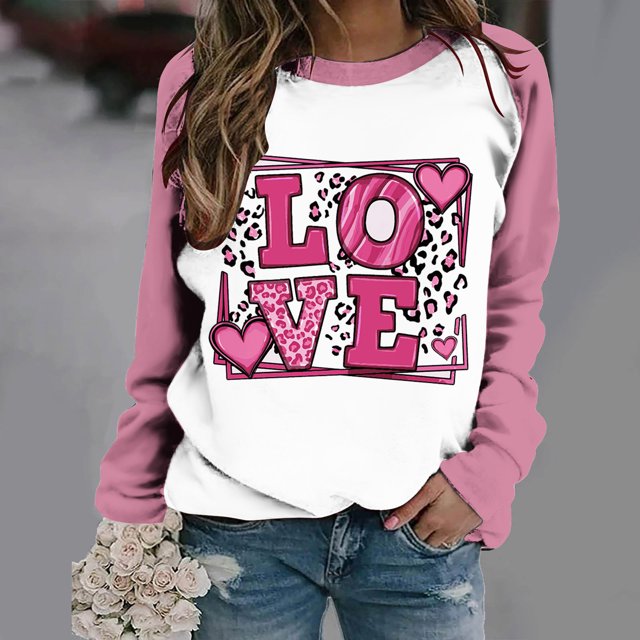 Offres Flash! Aqestyerly Blouse à Manches Longues Imprimée pour la Saint-Valentin pour Femmes Col Rond Tunique Décontractée