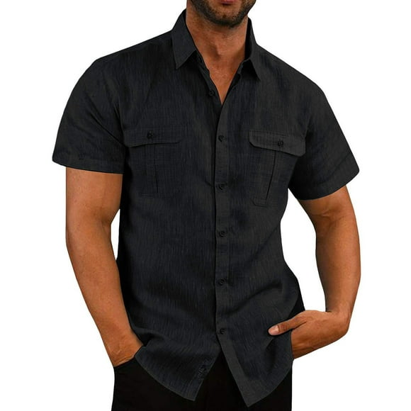 Cameland Men's Tops Button Chest Pocket Cotton Linen Casual Short Sleeve Shirt Loose Large Size Solid Color Shirt