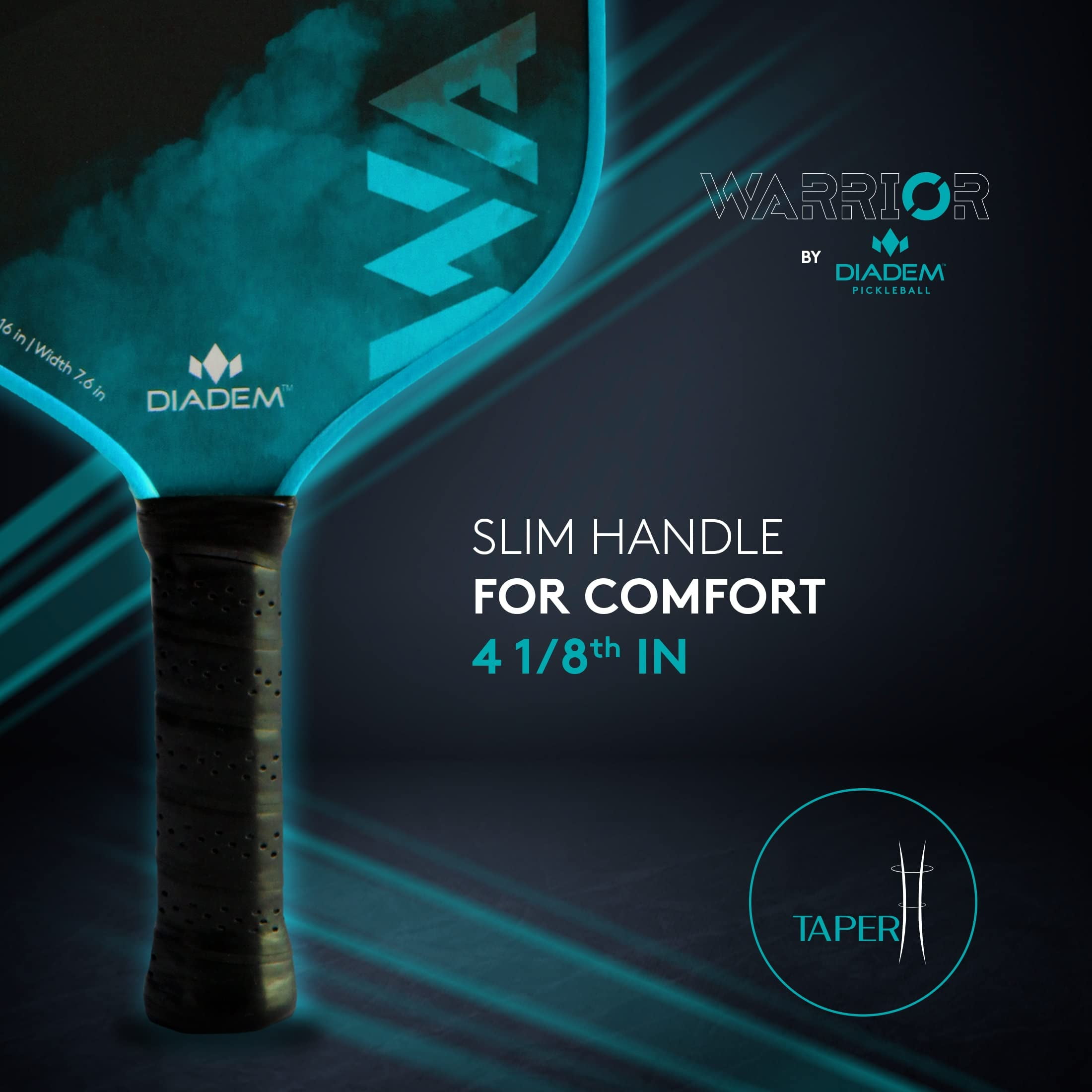 Diadem Warrior Carbon Fiber Pickleball Paddle, 3X L-Core Hybrid Nomex Core, Grit Paint, Teal