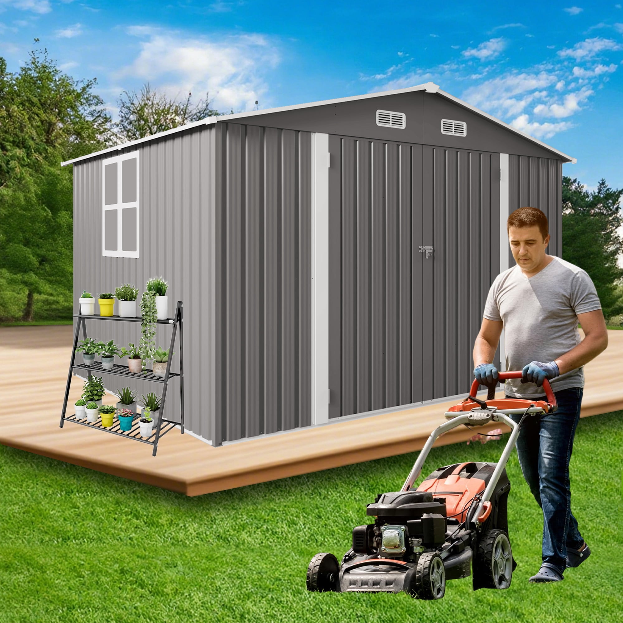 10x8 FT Outdoor Metal Storage Shed with Lockable Double Doors, Clear Window & Air Vent, Large Garden Tool Shed for Lawn Mowers, Bikes, Patio Furniture, Trash Bins, Backyard, Gray
