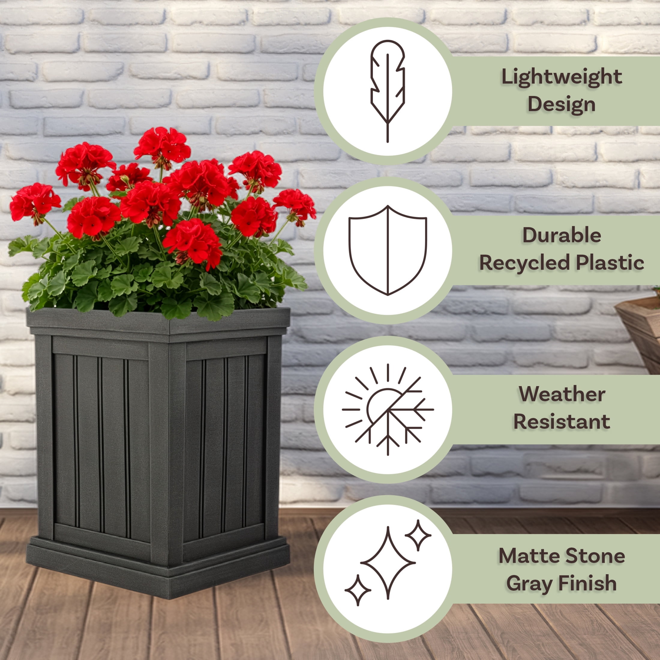 Pure Garden Outdoor Planter Box - 13.7” Square 19” Tall Plastic Plant Pot with Drainage Holes, Gray