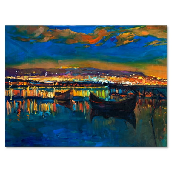 Designart ' Two Little Boats In The VIllage Harbor Ar Night ' Nautical & Coastal Canvas Wall Art Print