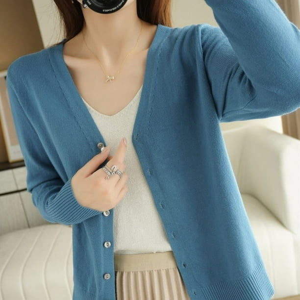 Cárdigans de manga larga para mujer, prendas de vestir exteriores de punto, suéteres lisos finos para primavera y otoño, prendas de punto con cuello en V, cárdigans de moda coreana 2024