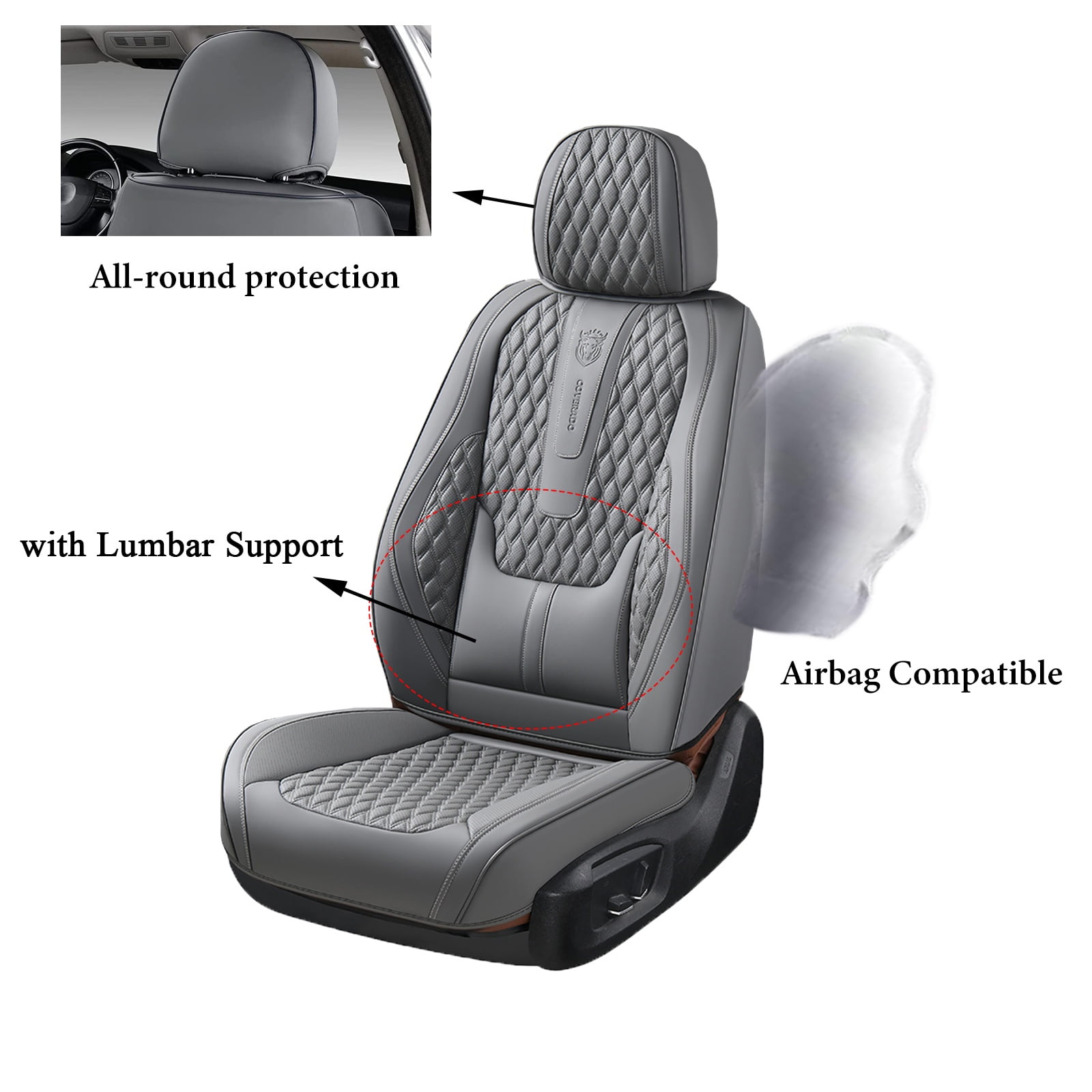 Coverado Gray Car Seat Covers Front, Waterproof Faux Leather Auto Seat Protectors with Lumbar Support, Luxury Automotive Interior Accessories Universal Fit Most Cars SUV Trucks