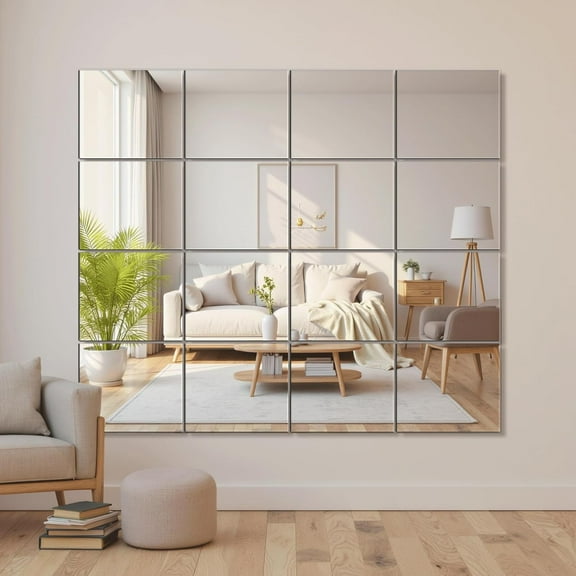 Home Gym Mirror Tiles, 14'' x 12'' Glass Frameless Mirror (16 PCS), Large Wall Mirror for Home Gym, Bedroom, Door, Bathroom