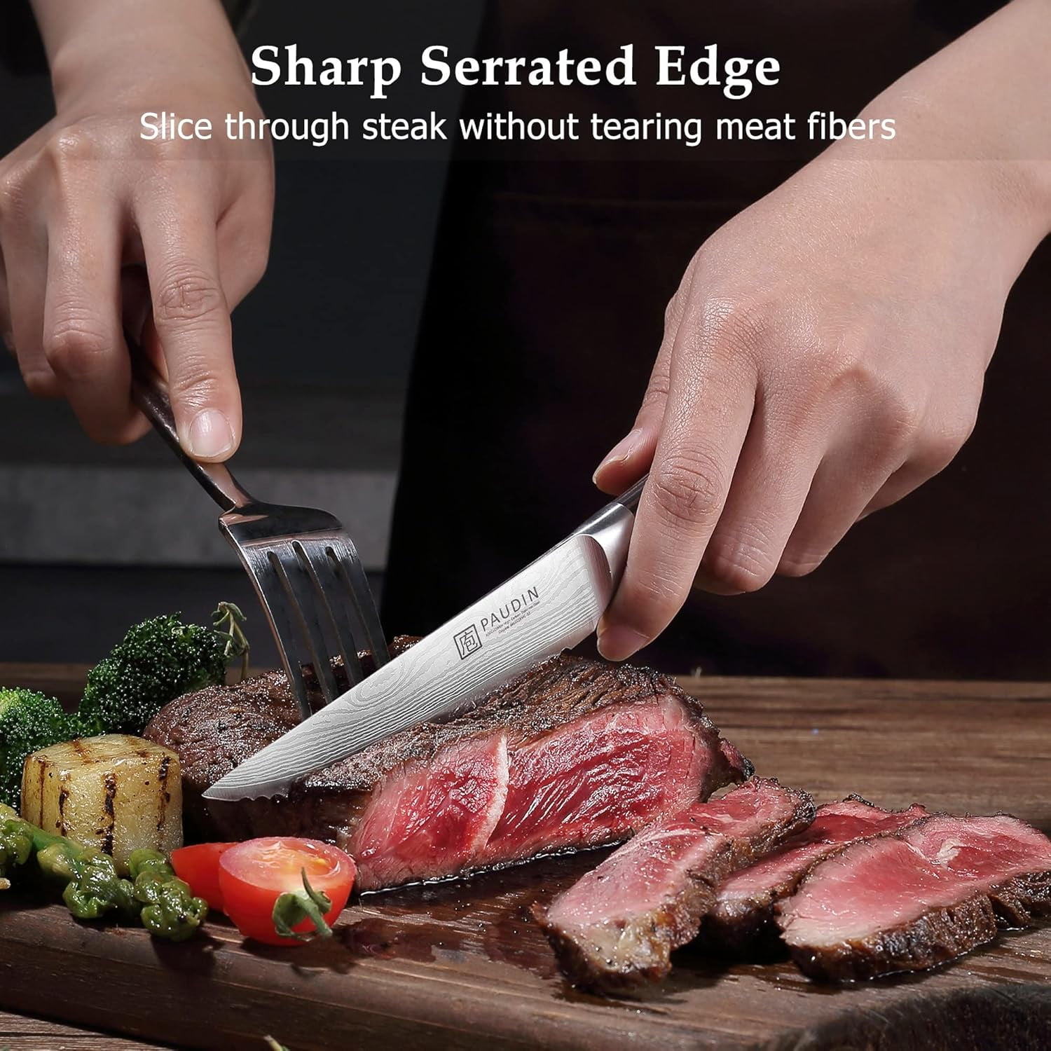 PAUDIN Steak Knives Set of 6, Kitchen Steak Knife 4.5 Inch, High Carbon Stainless Steel Steak Knives, Serrated Steak Knife with Pakkawood Handle, Dinner Knives with Gift Box