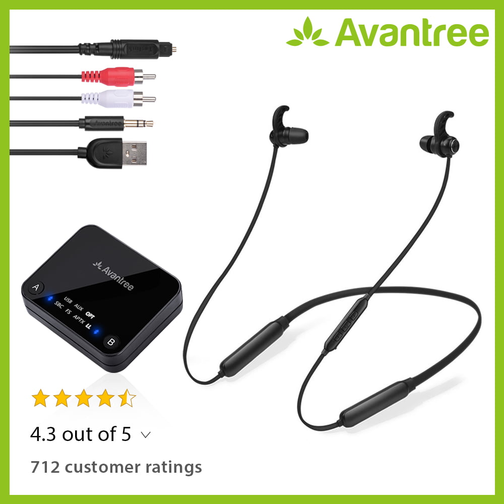 2020 Avantree HT4186 Wireless Neckband Headphones Earbuds for TV Watching &amp; PC with Bluetooth Transmitter Set, for Optical Digital Audio, RCA, 3.5mm AUX Ported TVs, Plug &amp; Play, No Delay, Long Range