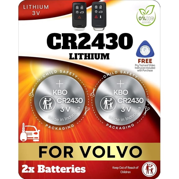 Key Fob Battery Replacement for Volvo (2-Pack) CR2430 - OEM-Grade Lithium Coin Cell - Remote Start Compatible -Includes Free Pry Tool for Easy Installation