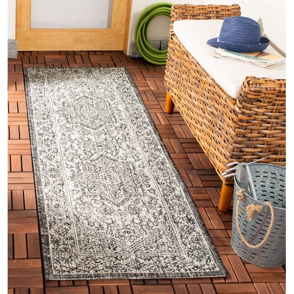 SAFAVIEH Courtyard Joey Medallion Indoor/Outdoor Runner Rug, Slate/Grey, 2'3" x 10'
