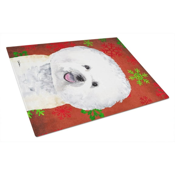 Carolines Treasures SC9402LCB Bichon Frise Red and Green Snowflakes Holiday Christmas Glass Cutting Board Large, 12H x