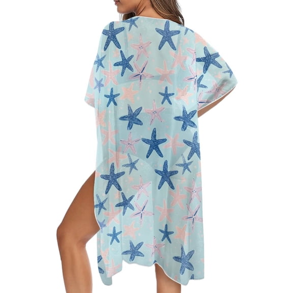 Xoenoiee Blue Starfish Pattern Kimonos for Women Swimsuit Coverups Beach Cover Up Summer Swimwear Cardigan Beachwear for Beach Vacation Travel
