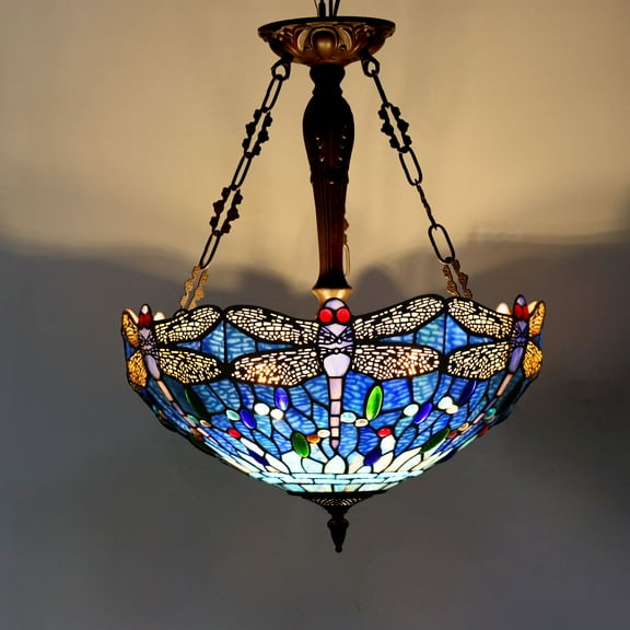 Tiffany Pendant Lights 18 Inch Wide 3 Light Blue Dragonfly Antique Style Stained Glass Chandeliers for Dining Living Room Stairway Foyer Entryway