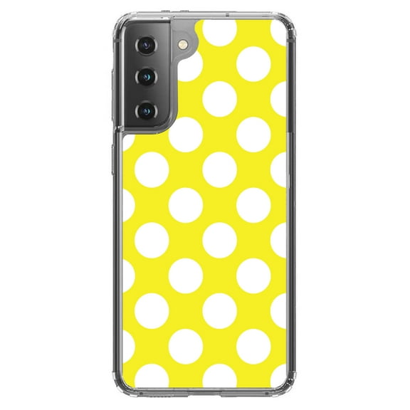 DistinctInk Clear Shockproof Hybrid Case for Galaxy S21  PLUS 5G (6.7" Screen) - TPU Bumper, Acrylic Back, Tempered Glass Screen Protector - White & Yellow Polka Dots
