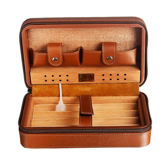 Four Sticks Portable Cigar Humidor Cedar Wood Multifunctional Travel Set (Brown)