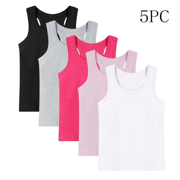 Yeaiivve Cotton Undershirts for Girls 5 Pack Tank Tops Kids Crewneck Sleeveless Tees Solid Color Basic Casual Tops for Athletic Running Dance Multicolor 6-7 Years