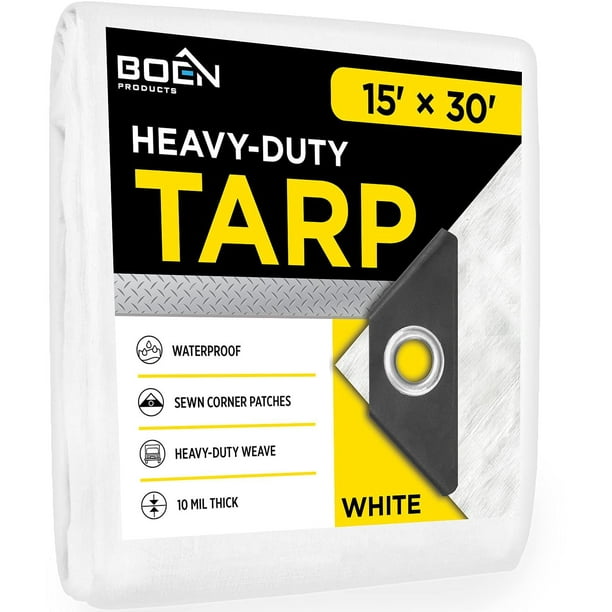 Lona resistente impermeable cubierta grande | Blanco 15' X 30' 10 Mil de espesor | Lonas a prueba de desgarros | Material de tejido grueso resistente a los rayos UV, ideal para toldo de lona, ??tienda