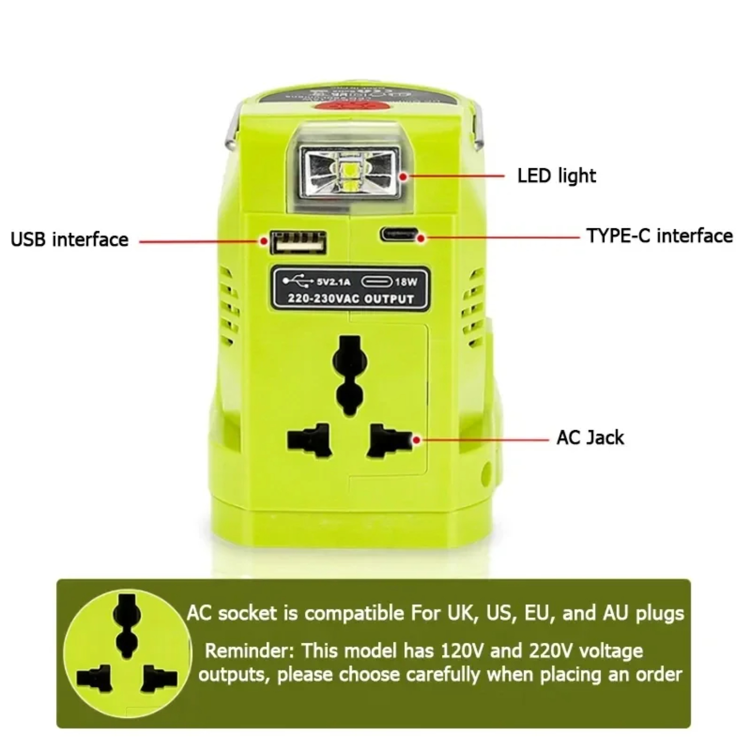 LNJLAN 200W Power Inverter Generator for  18V Lithium Battery DC 18V To AC 120V 220V Portable Power Station with 280lm LED Light