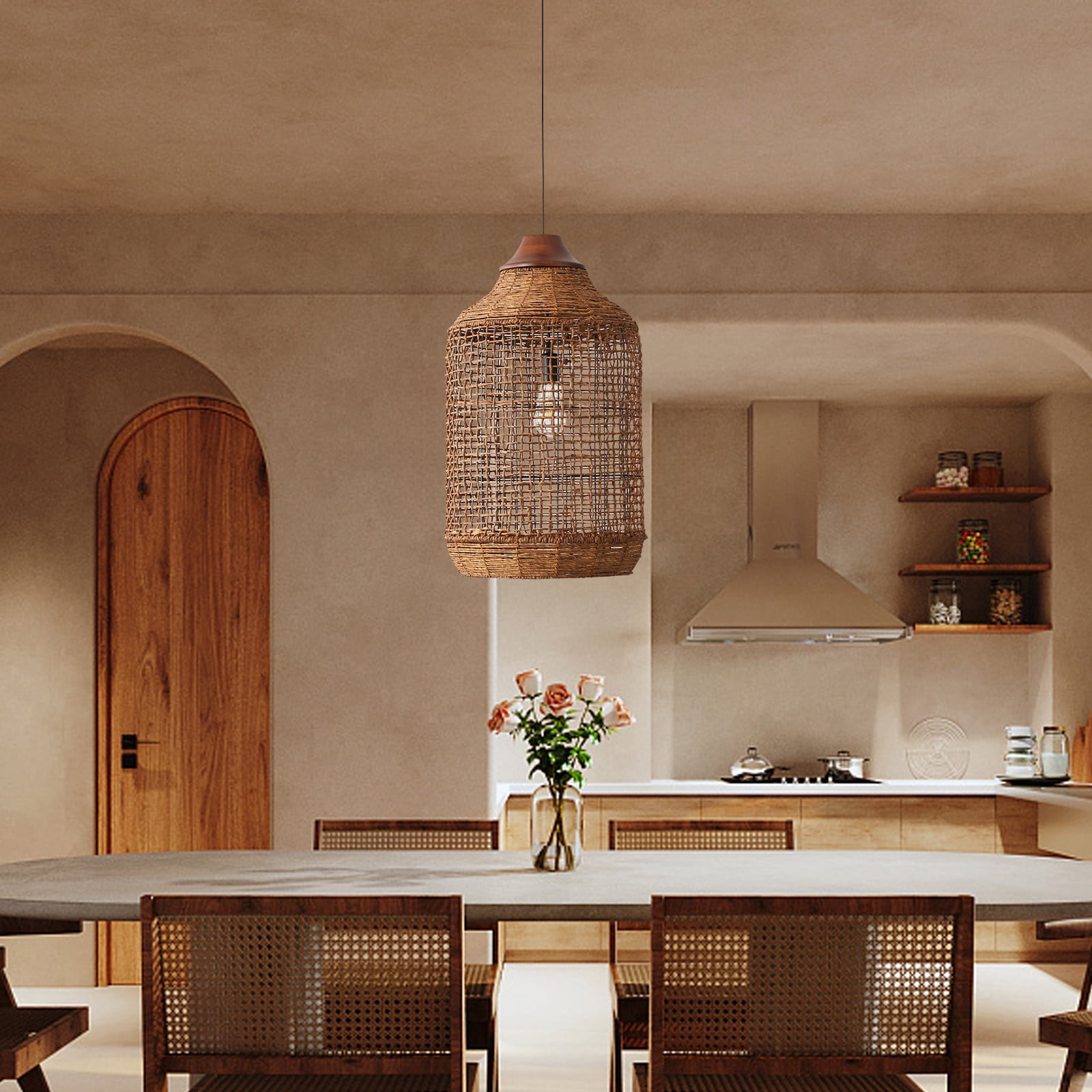 LittleGlovo Oversize Wabi-sabi Kitchen Island Light Large Rattan Pendant Light Fixtures