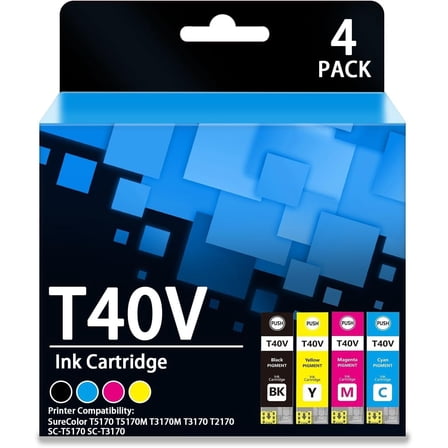 T40V Ink Cartridges with Chip High Capacity for Epson T40W Ink SureColor T5170 T5170M T3170M T3170 T2170 SC-T5170 SC-T3170 Printers Not for Use SC-T3170X (4Packs,Black,Cyan,Magenta,Yellow)