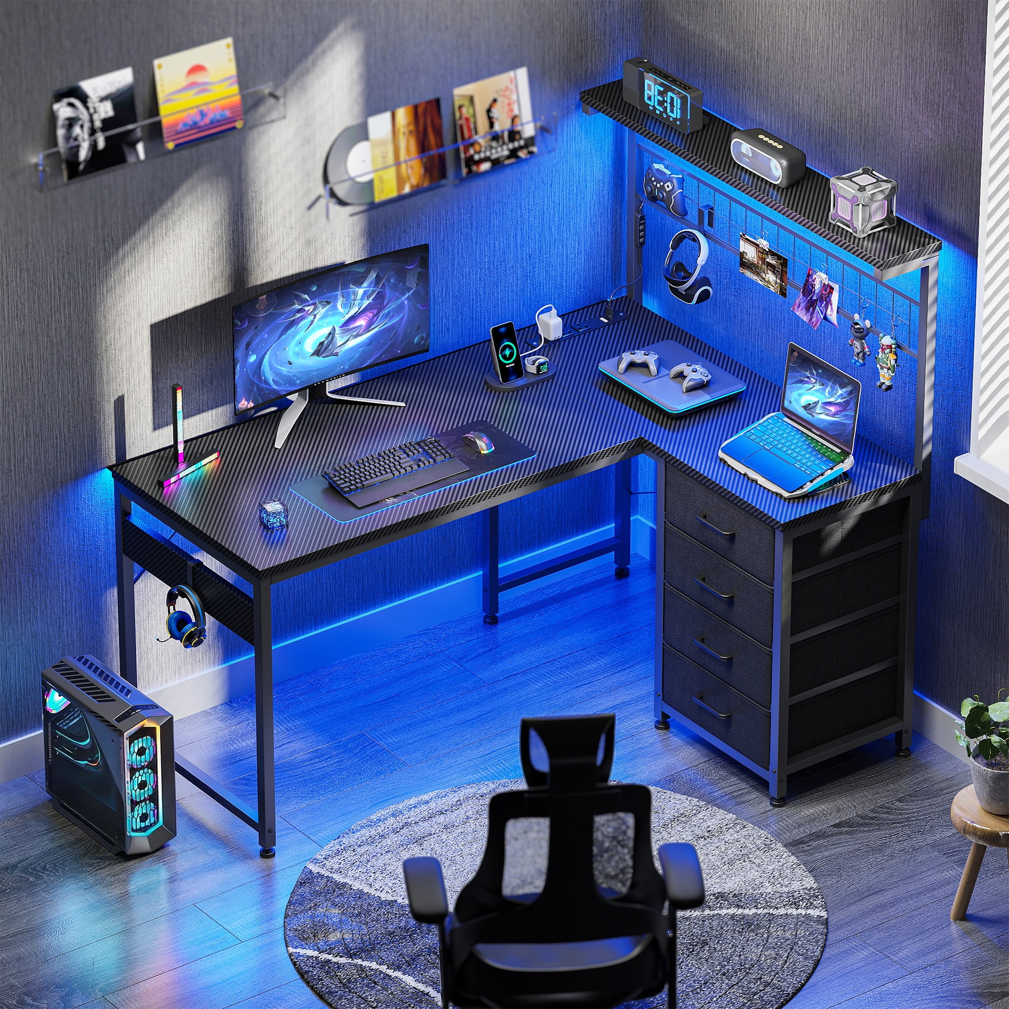 Casacomoda 43 inch L Shaped Desk with 4 Storage Drawers, Reversible L Shaped Gaming Desk with Power Outlets & LED Lights, Computer Desk with Movable CPU Stand & Hutch for Home Office, Black